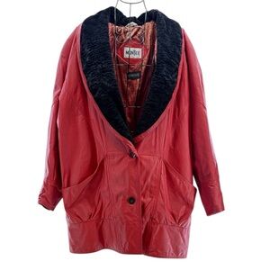 Vintage 80’s Montee Red Leather Oversized Coat with Black Fur Collar, Size M